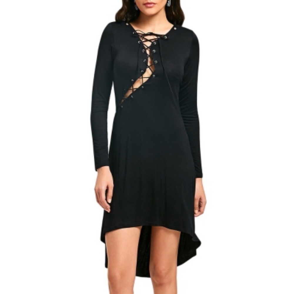 Black Lace Up Jersey Cocktail Dress